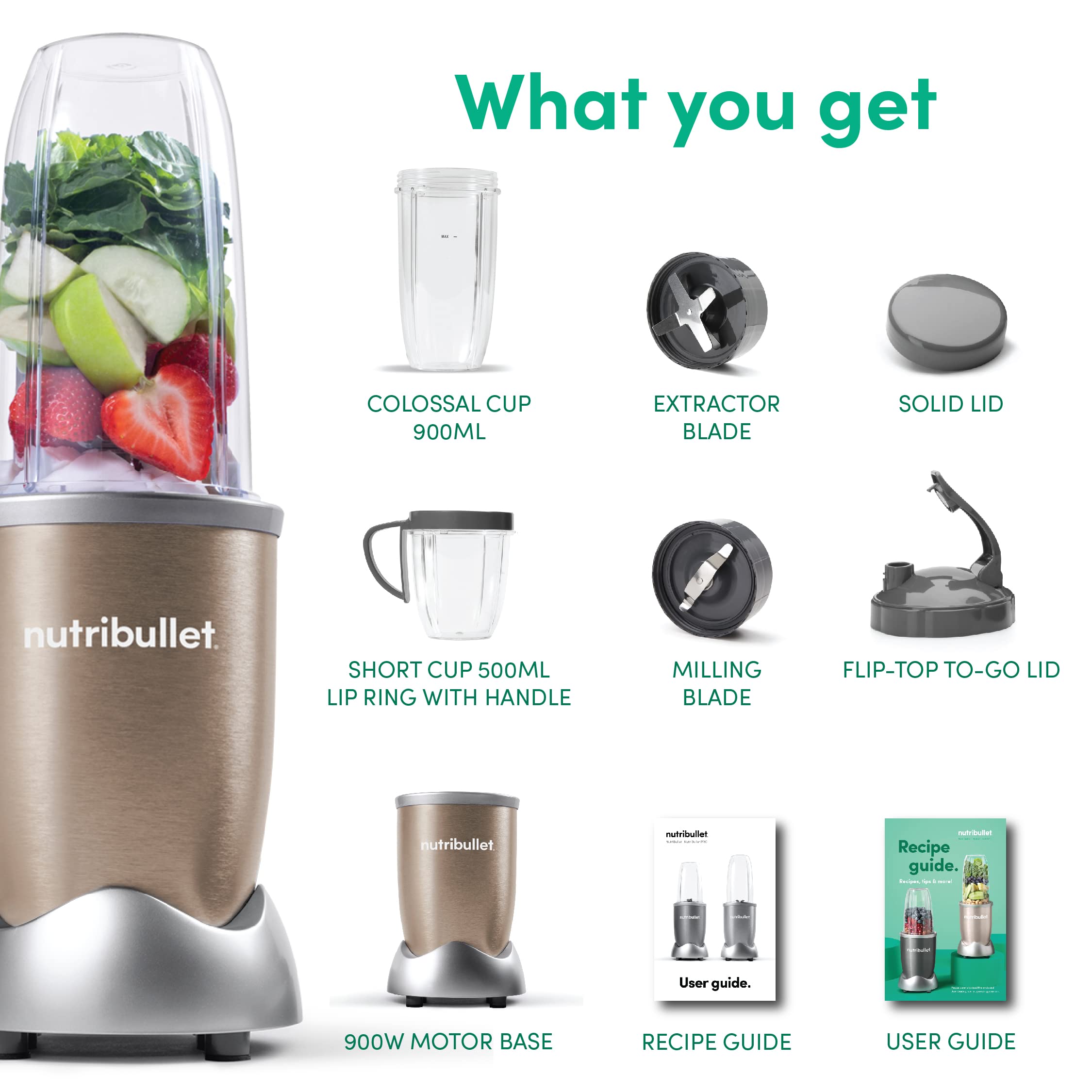 Nutribullet 900 Watts, 7pc Accessories, Multi-Function High Speed Blender, Mixer System With Nutrient Extractor, Smoothie Maker, Copper Gold 1 year warranty طقم خلاط متعدد الوظائف بسرعة عالية وقدرة 900 واط مكون من 7 قطع من نوتري بوليت Nutribullet 900 Watts, 7pc Accessories, Multi-Function High Speed Blender, Mixer System With Nutrient Extractor, Smoothie Maker, Copper Gold 1 year warranty طقم خلاط متعدد الوظائف بسرعة عالية وقدرة 900 واط مكون من 7 قطع من نوتري بوليت